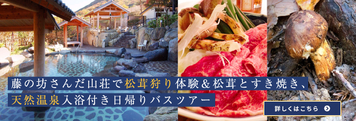とっておきの贅沢な休日を！藤の坊さんだ山荘で松茸狩り体験＆松茸と兵庫県産牛のすき焼きと源泉掛け流し天然温泉入浴付き日帰りバスツアー