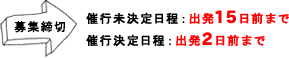 募集締切／催行未決定日程：出発15日前まで　催行決定日程：出発2日前まで